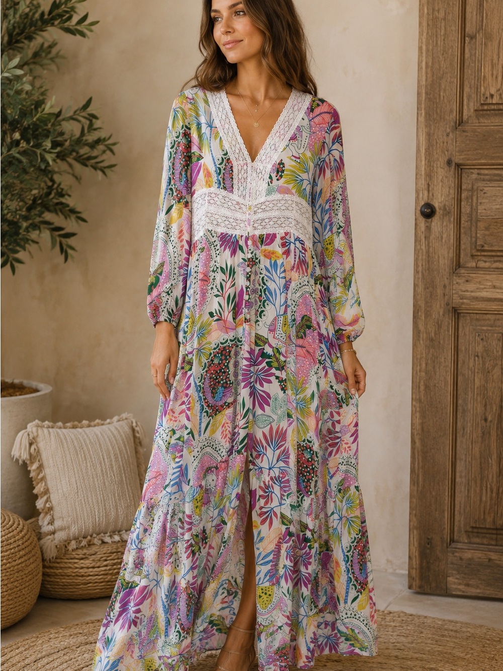 Rusttydustty Floral Lace-Trim Maxi Dress in Multi (121256) 💐 🌼